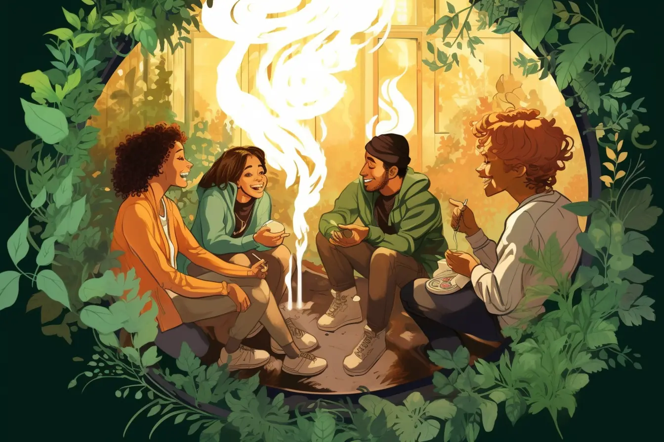 Menschen teilen gemeinsam Cannabis-Zigaretten in einer entspannten Atmosphäre Ein Ort für Cannabis-Liebhaber in Bonn, an dem sie sich in einem mit Cannabisblättern verzierten Kreis treffen.
