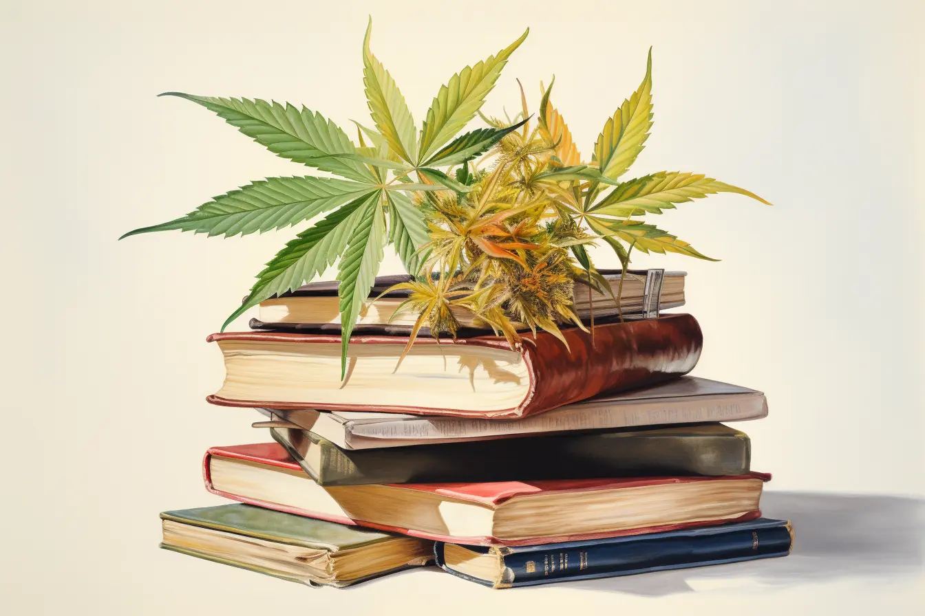 Bücher und Cannabisblätter in hellen Farben arrangiert Ein Bücherstapel, der mit Cannabisblättern verziert ist