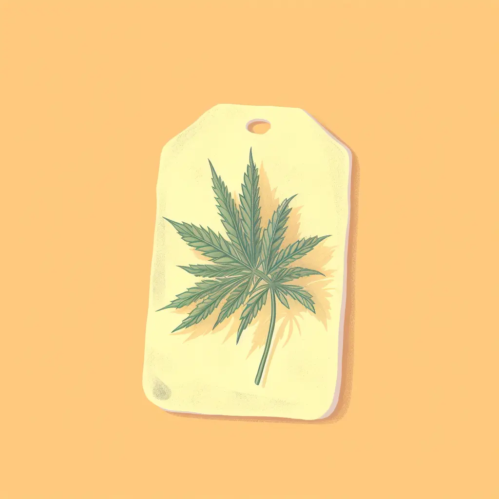 Ein Schild, das ein feines Cannabisblatt abbildet und Informationen bietet. Ein Preisschild mit einem befestigten Cannabisblatt, das auf den Cannabis Social Club in Bonn hinweist.