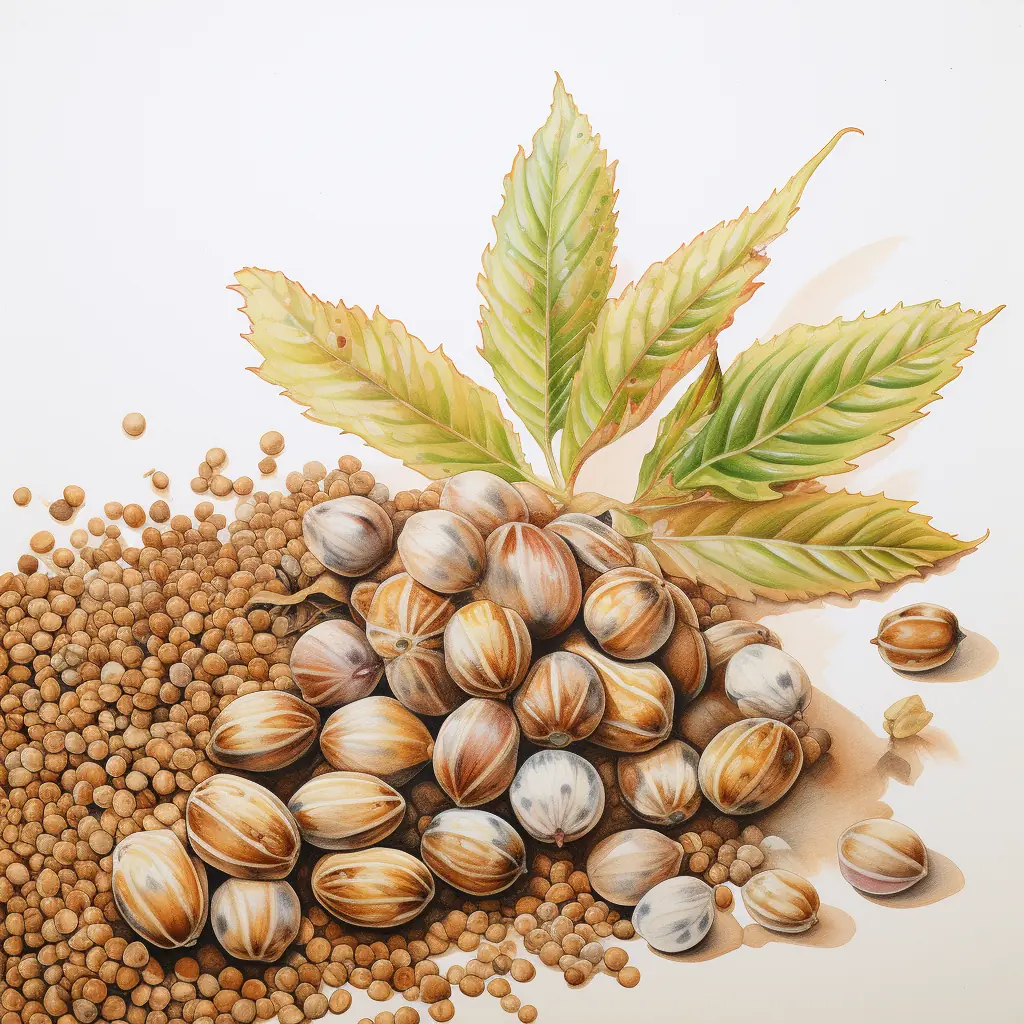 Eine zarte Darstellung von Cannabis-Samen, die fast wie echt aussehen. Eine helle Fläche, die mit Hanfsamen bestreut ist.