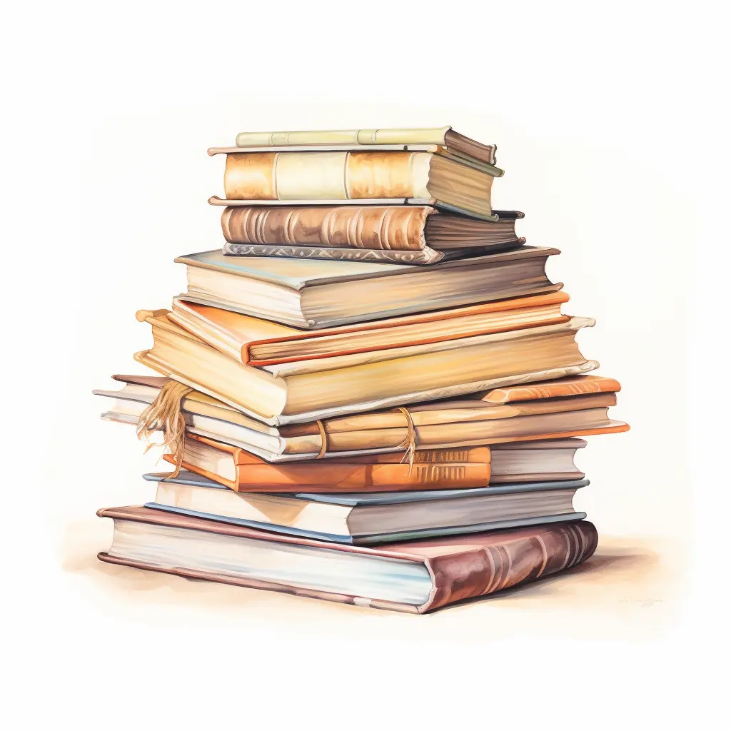 Ein Stapel von Büchern in sanften Farben, der fast lebendig aussieht. Eine Anordnung von Büchern in hellen Tönen, die fast real wirkt.