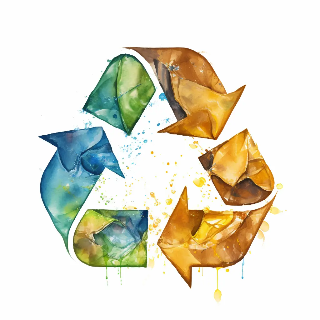 Ein Recycling-Zeichen in leuchtenden Farben, das fast echt aussieht. Ein weißer Hintergrund mit einem Recycling-Schild darauf.